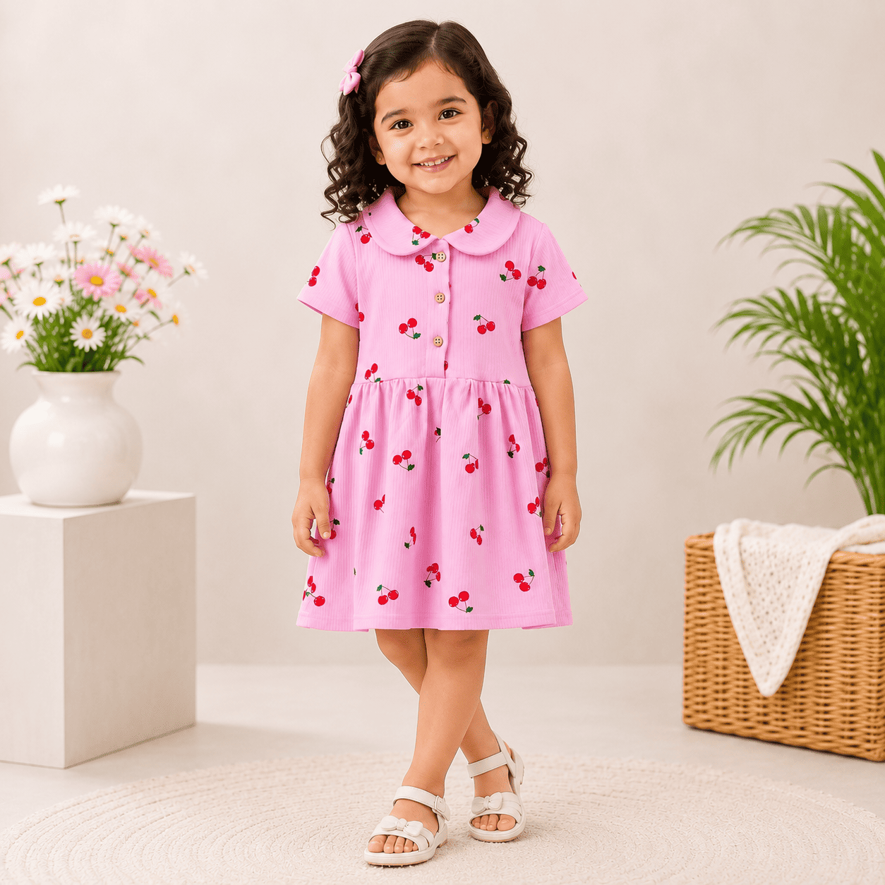 Girls Pink Cherry Print Peter Pan Collar Dress