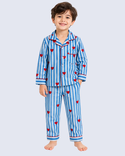 Kids Unisex Blue & White Striped Heart Printed Cotton Night Suit
