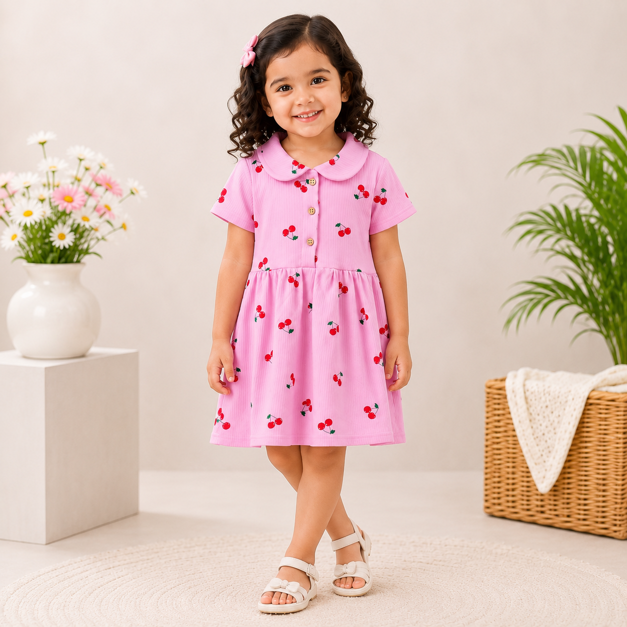 Girls Pink Cherry Print Peter Pan Collar Dress