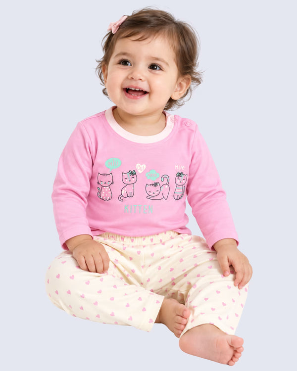 Newborn Pink Kitten Print Full Sleeve Set