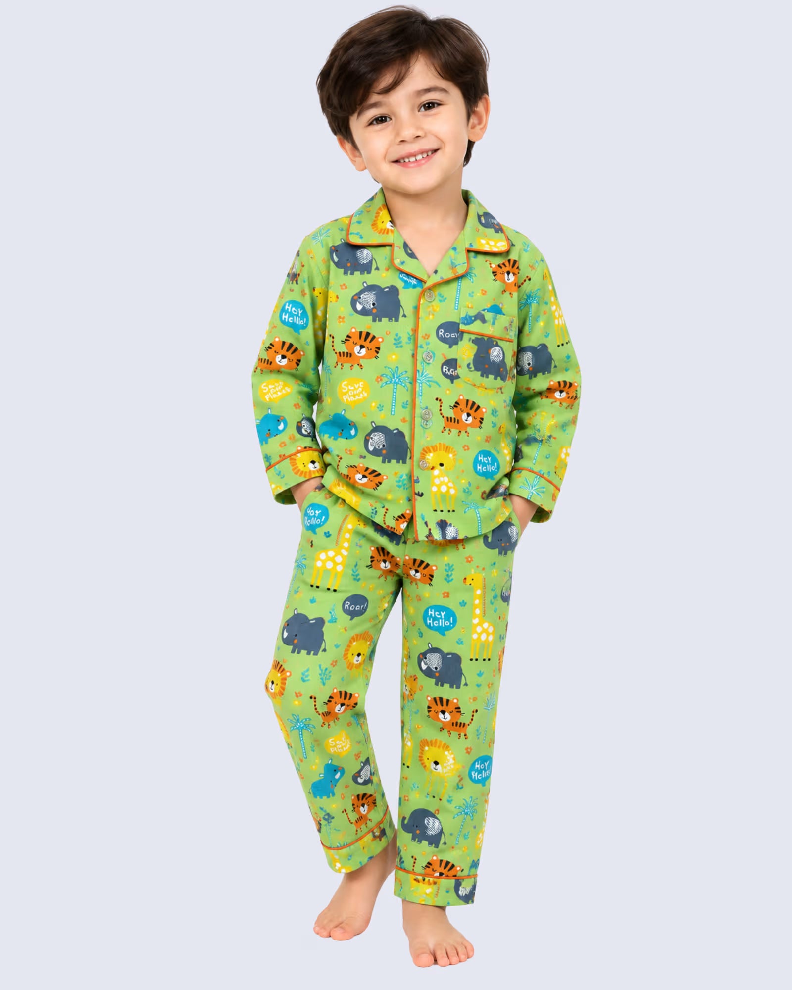 Kids Unisex Green Safari Animal Printed Cotton Night Suit