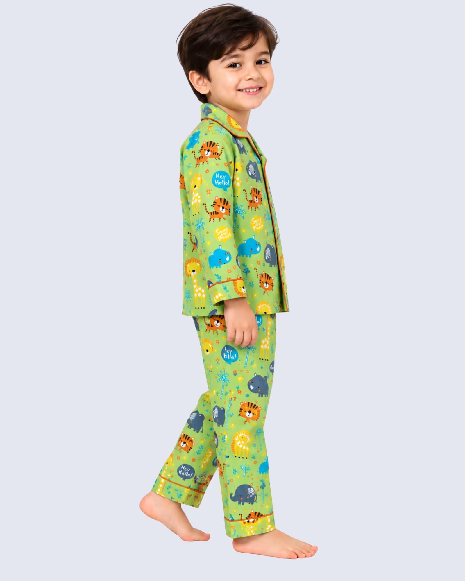 Kids Unisex Green Safari Animal Printed Cotton Night Suit