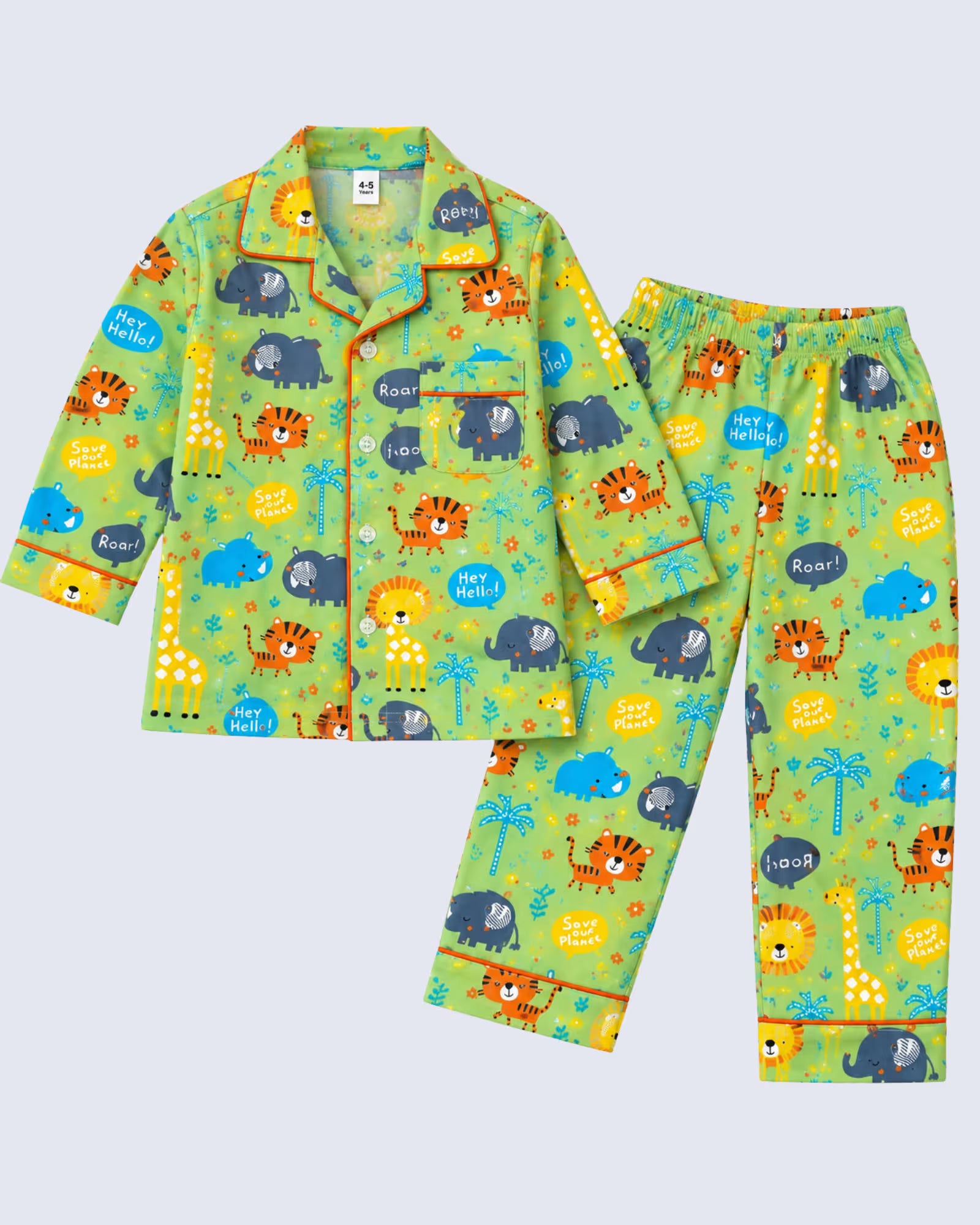 Kids Unisex Green Safari Animal Printed Cotton Night Suit