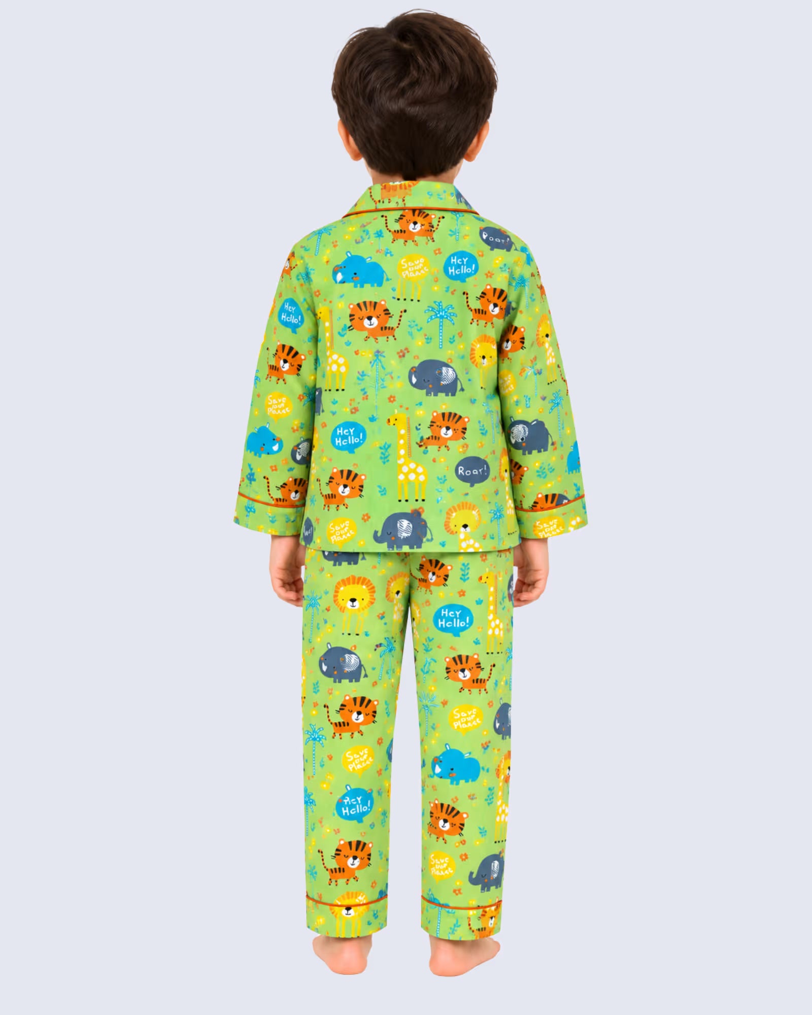 Kids Unisex Green Safari Animal Printed Cotton Night Suit