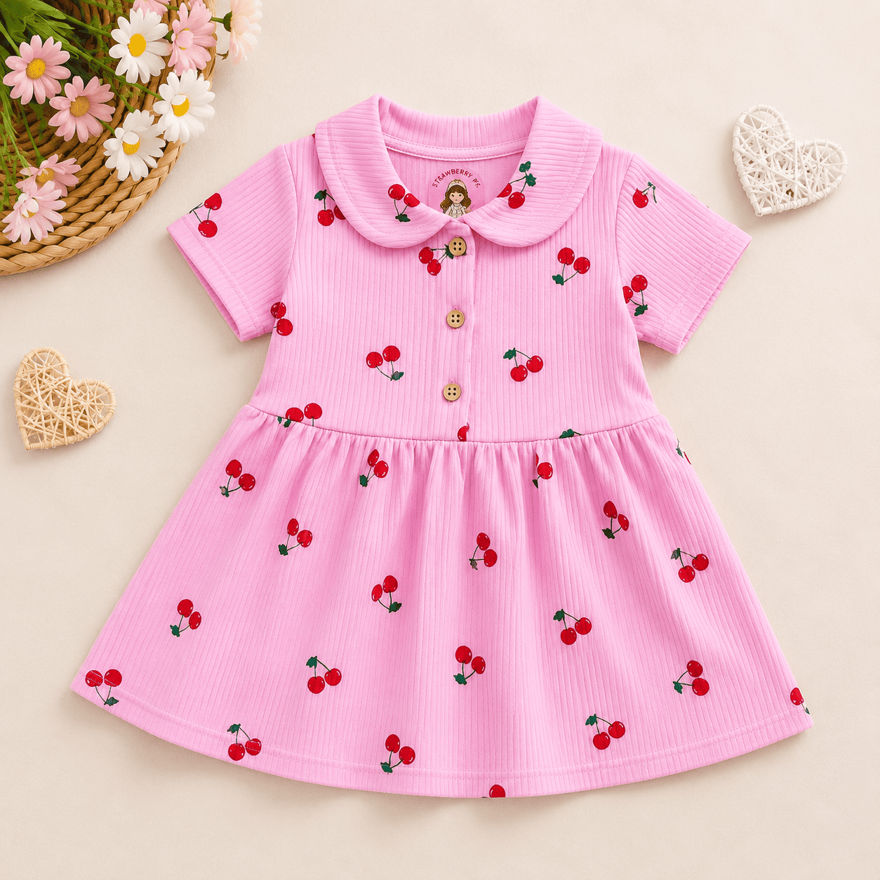 Girls Pink Cherry Print Peter Pan Collar Dress