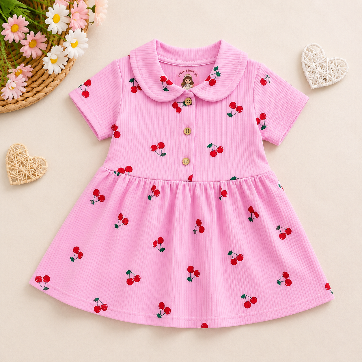 Girls Pink Cherry Print Peter Pan Collar Dress