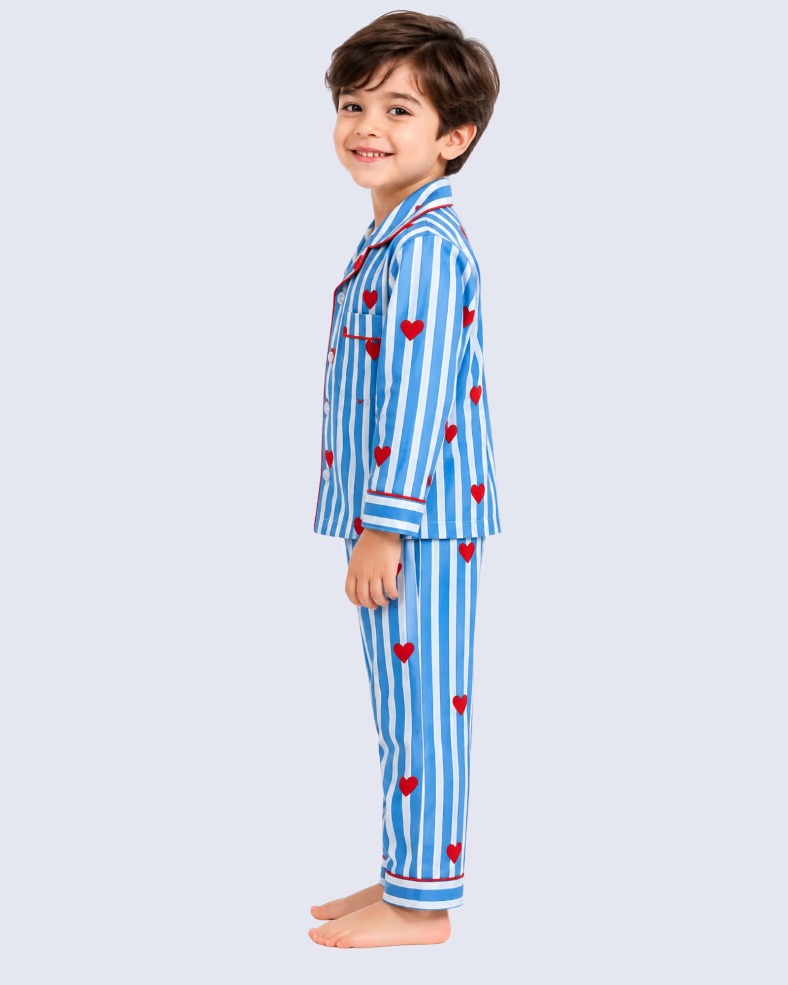 Kids Unisex Blue & White Striped Heart Printed Cotton Night Suit