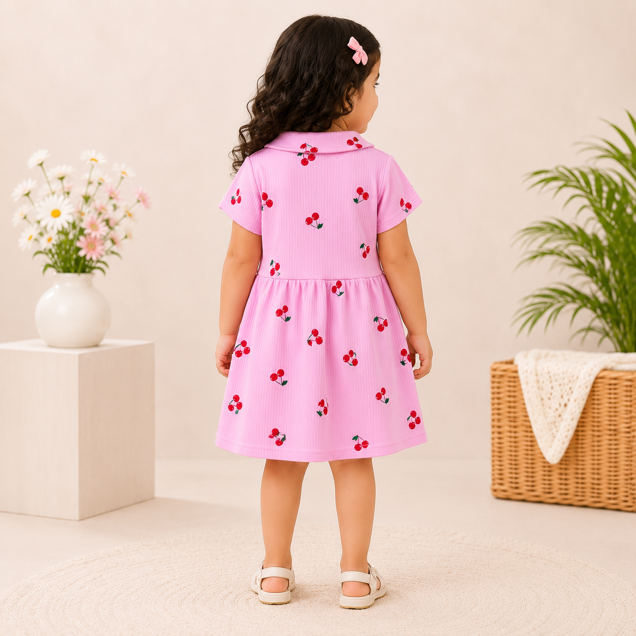 Girls Pink Cherry Print Peter Pan Collar Dress