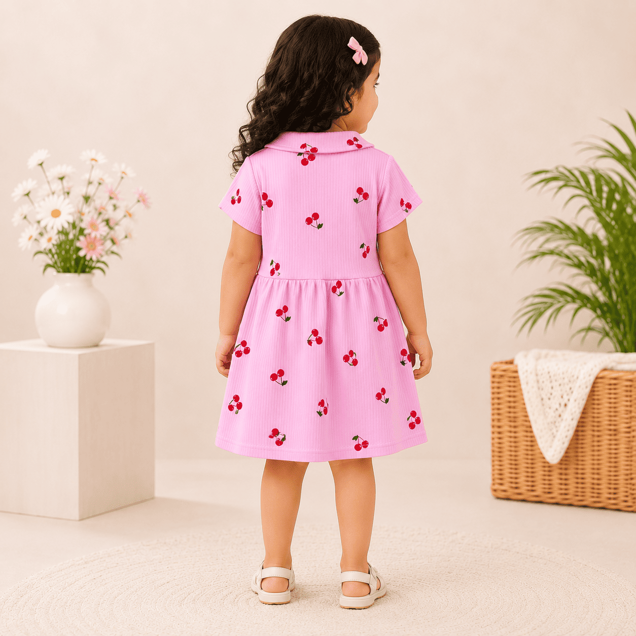 Girls Pink Cherry Print Peter Pan Collar Dress