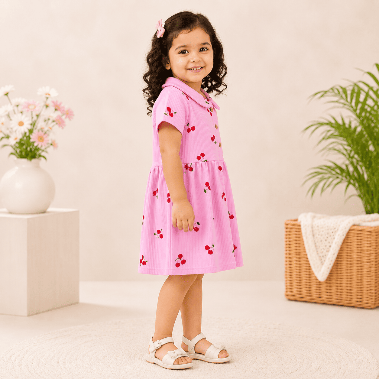 Girls Pink Cherry Print Peter Pan Collar Dress