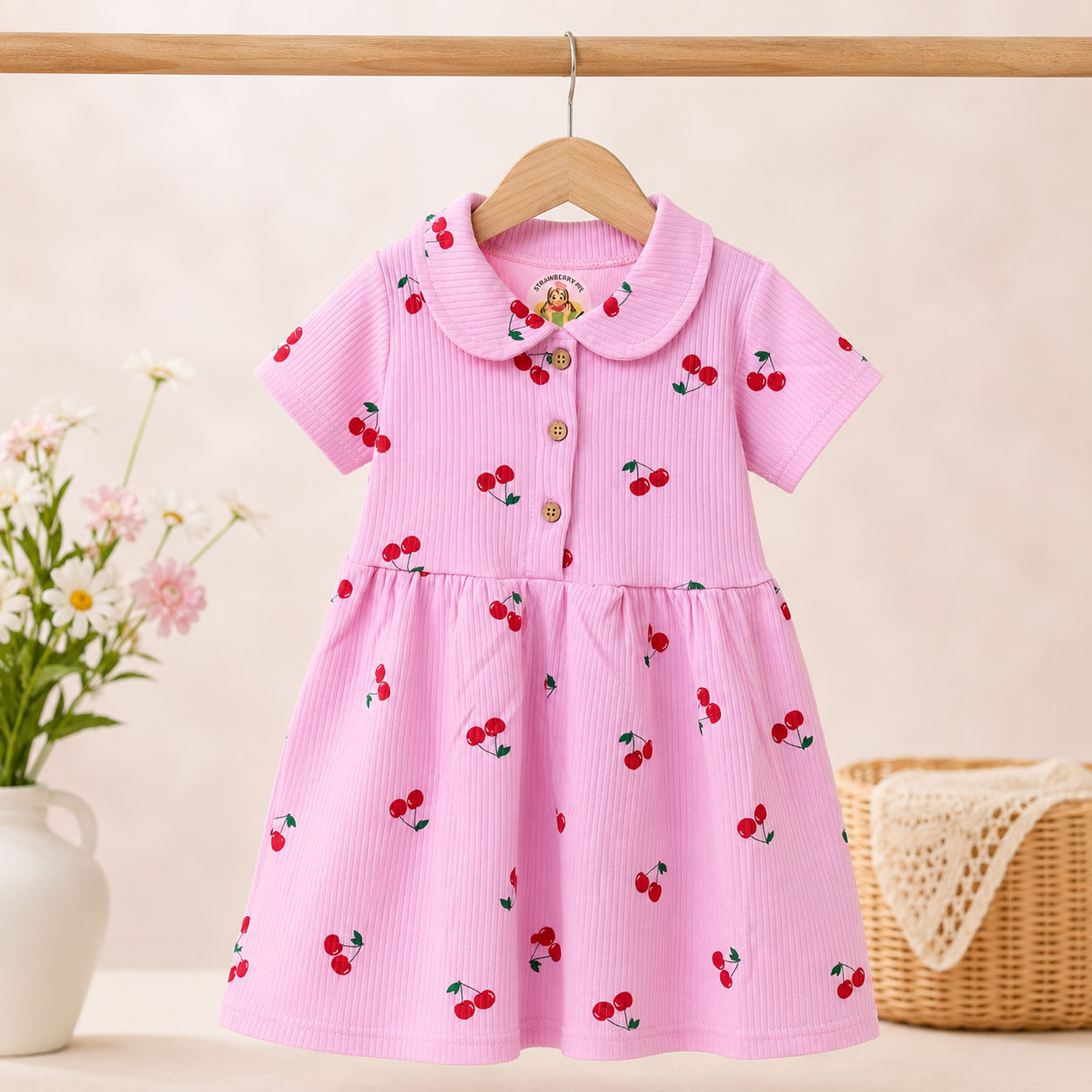 Girls Pink Cherry Print Peter Pan Collar Dress