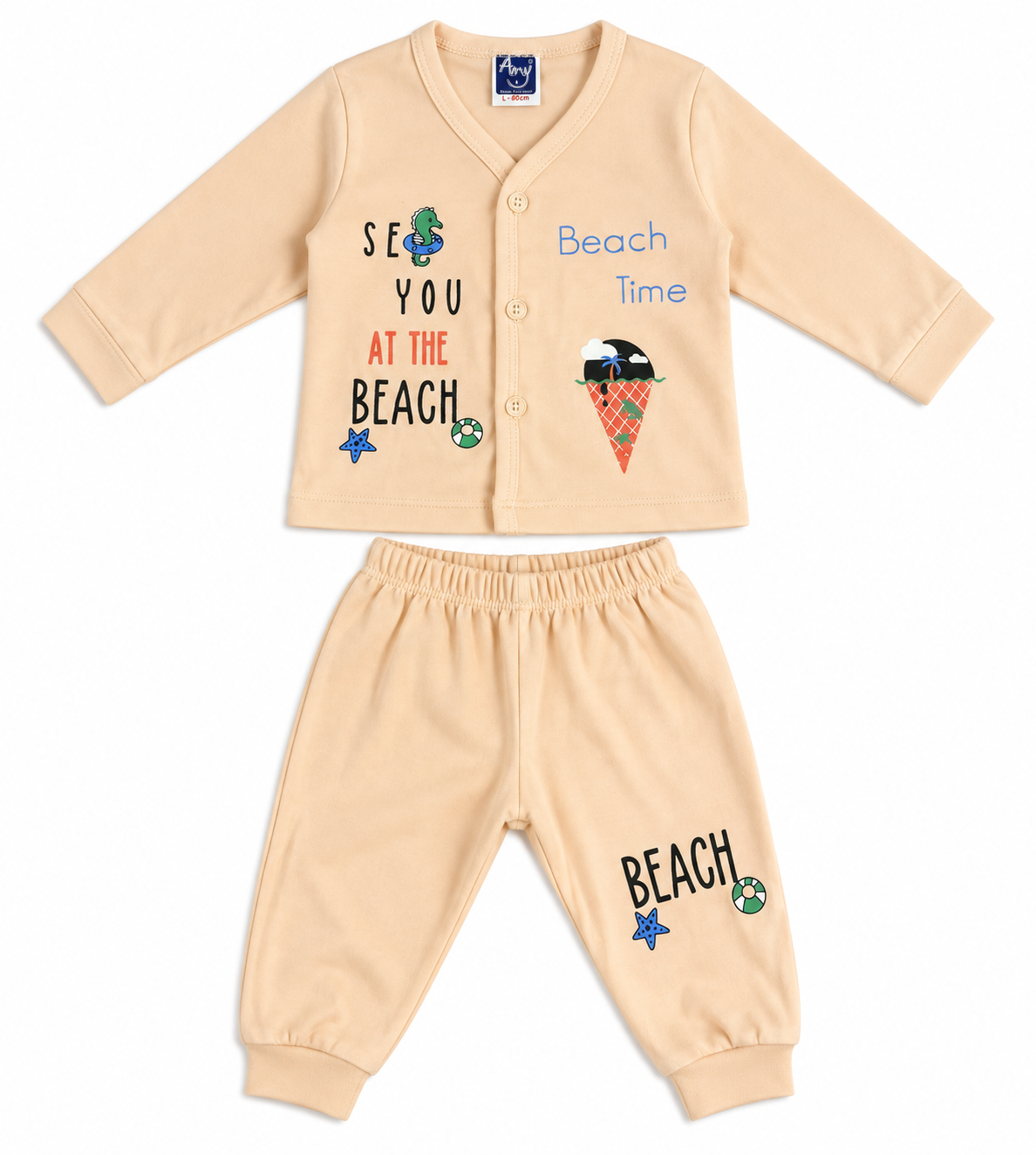 Newborn Beige Full Sleeve Cotton Set