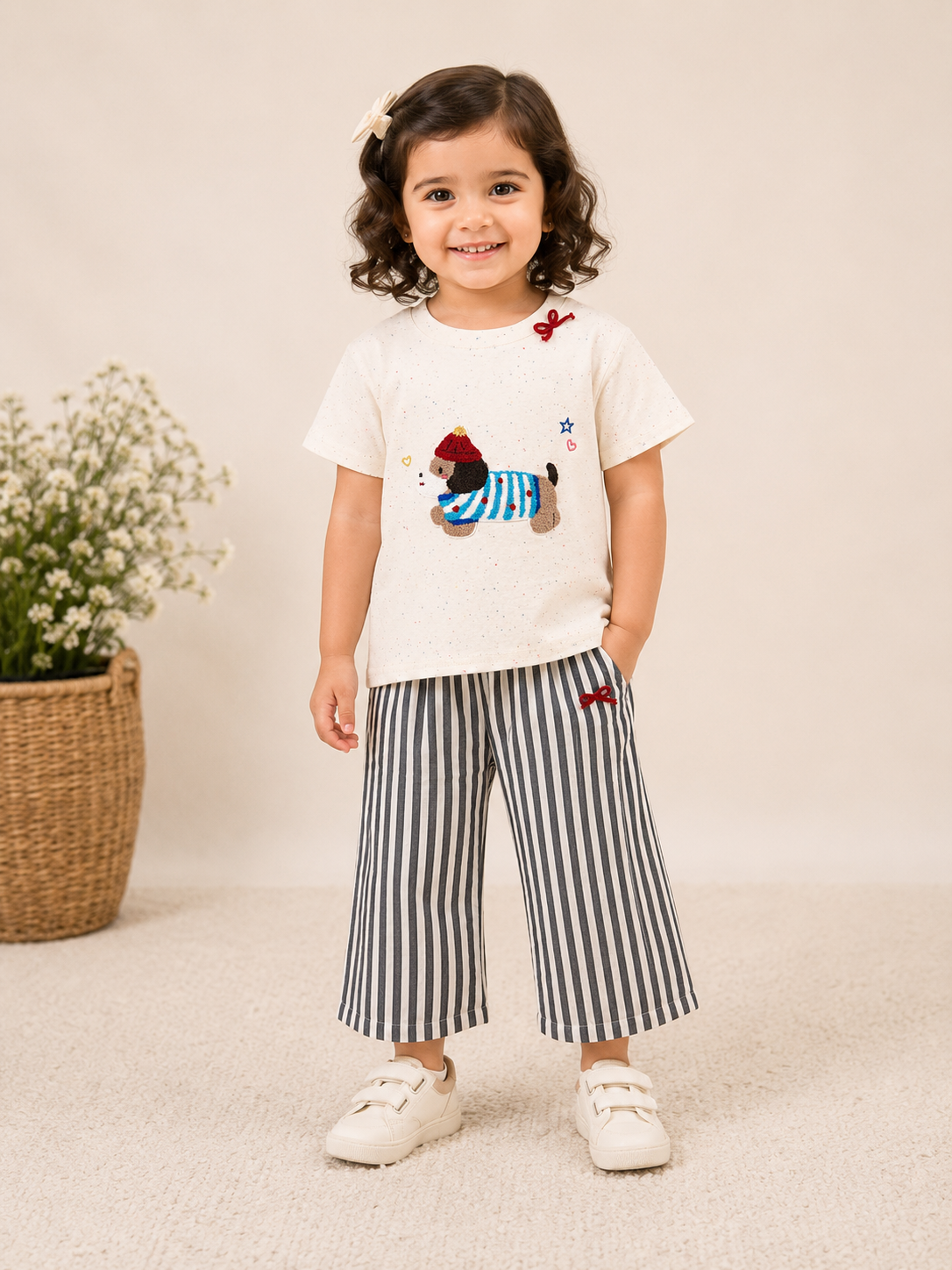 Puppy Embroidered Cotton Co-Ord Set for Girls