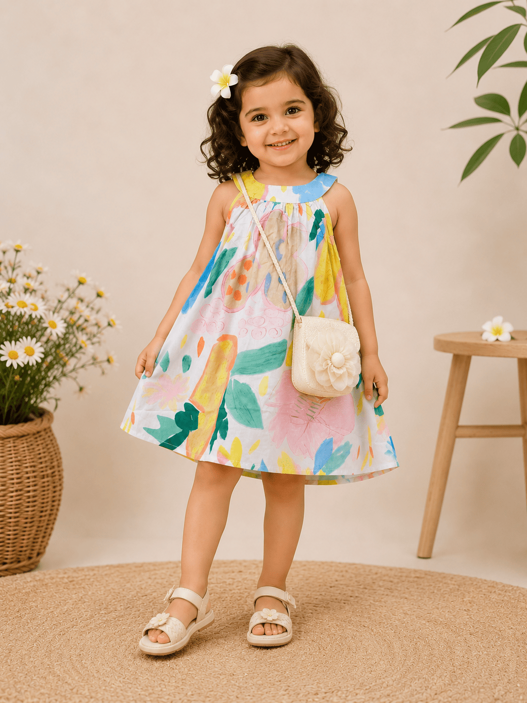 Girls Artistic Floral Dress with Purse – Sleeveless Cotton Summer Outfit