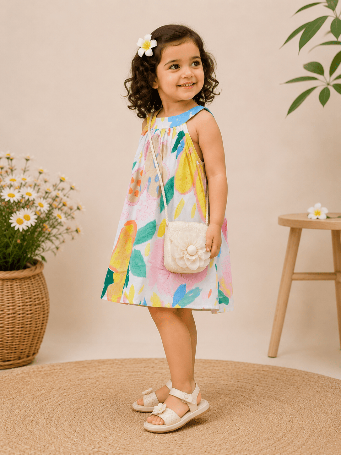 Girls Artistic Floral Dress with Purse – Sleeveless Cotton Summer Outfit