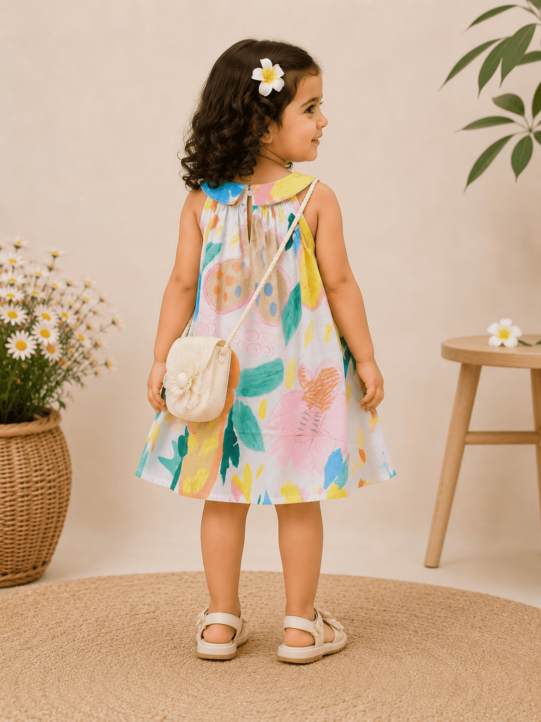 Girls Artistic Floral Dress with Purse – Sleeveless Cotton Summer Outfit