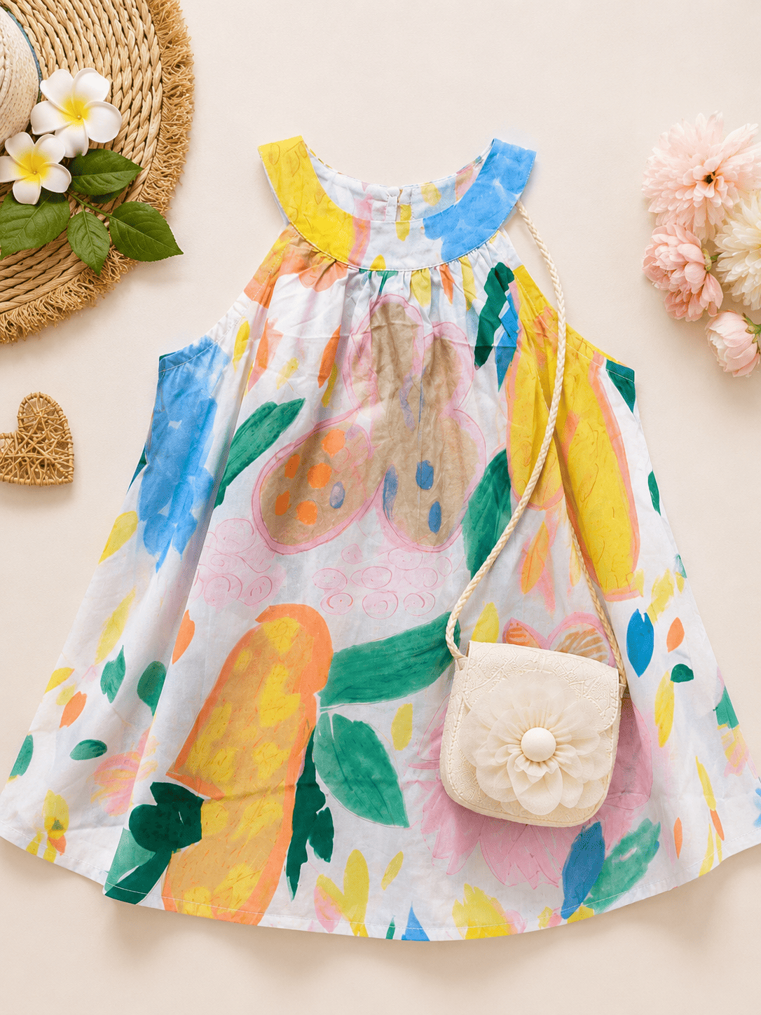 Girls Artistic Floral Dress with Purse – Sleeveless Cotton Summer Outfit