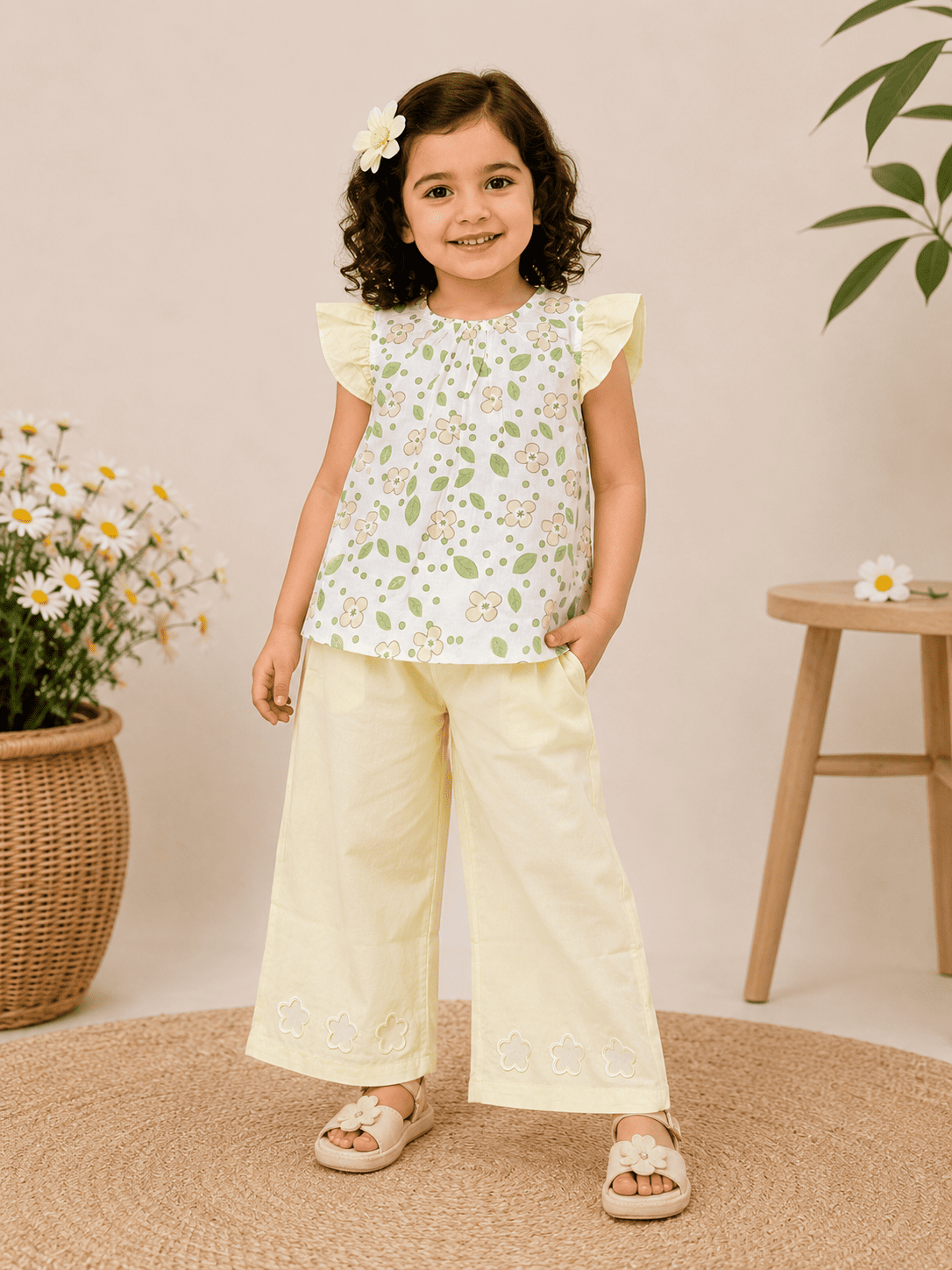 Girls Floral Printed Co-Ord Set | Printed Top & Wide Leg Pants Set
