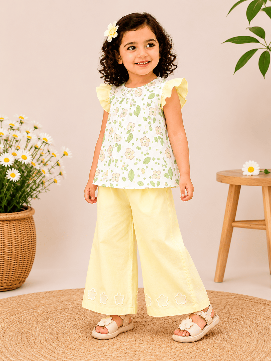 Girls Floral Printed Co-Ord Set | Printed Top & Wide Leg Pants Set