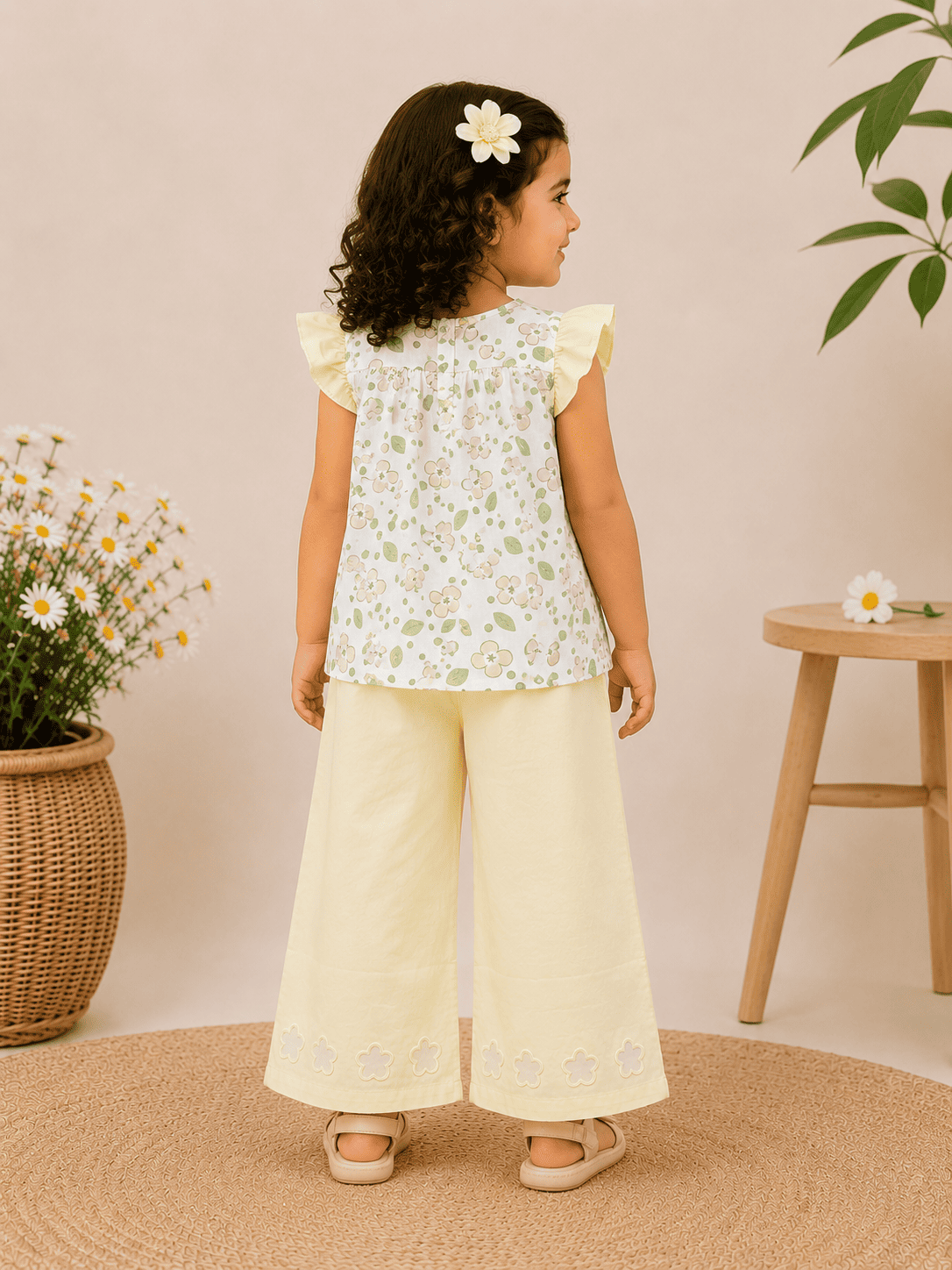 Girls Floral Printed Co-Ord Set | Printed Top & Wide Leg Pants Set