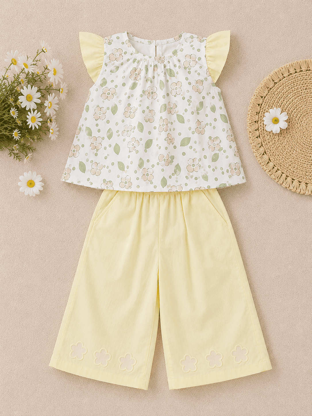 Girls Floral Printed Co-Ord Set | Printed Top & Wide Leg Pants Set