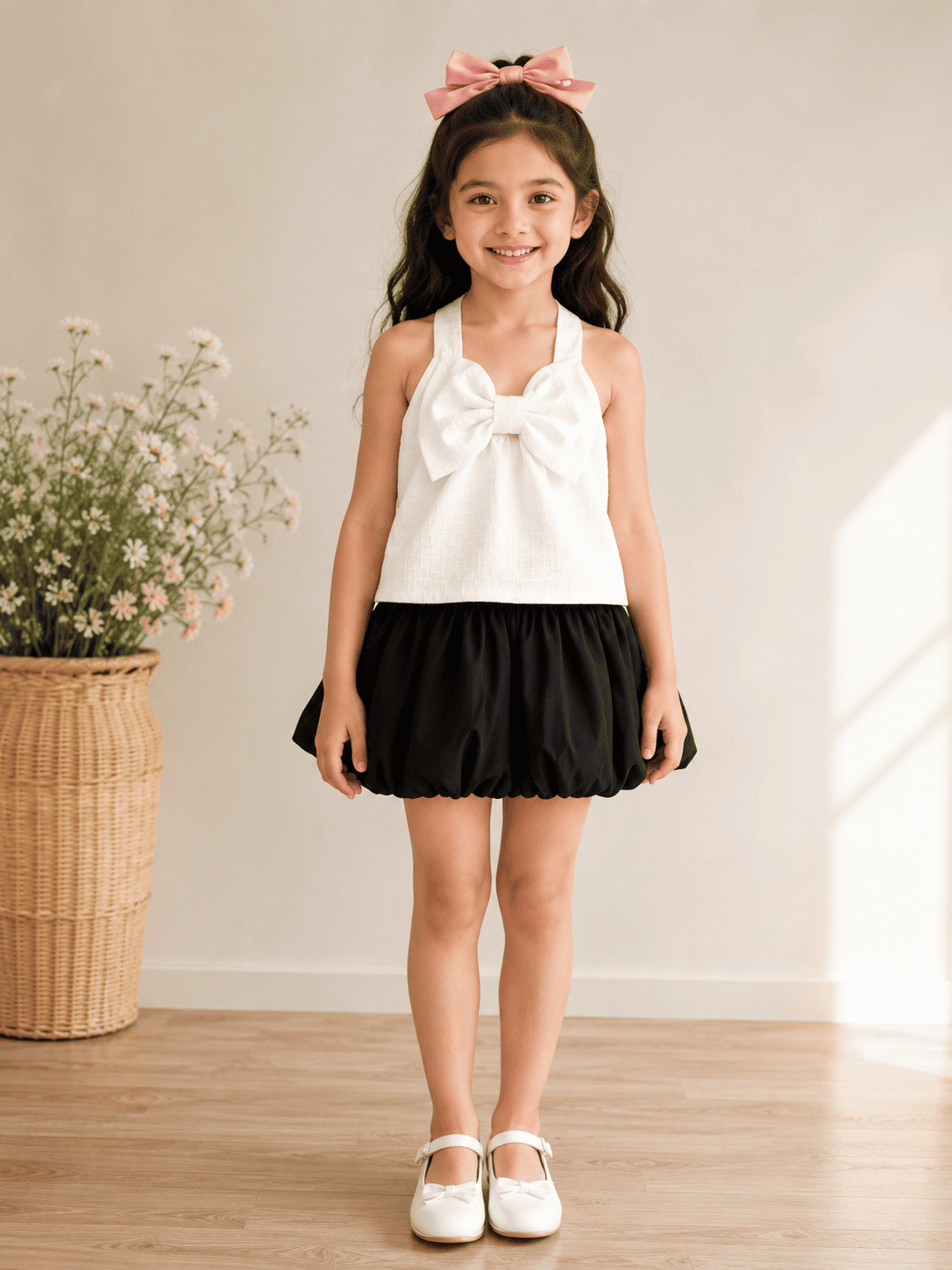 Elegant Bow Detail Bubble Hem Dress for Girls