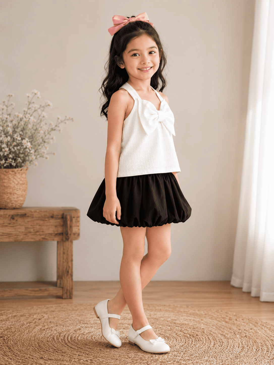 Elegant Bow Detail Bubble Hem Dress for Girls