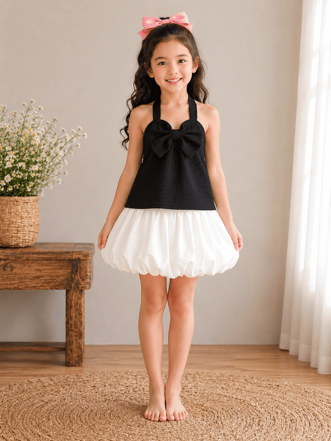 Girls Black & White Bow Bubble Dress | Sleeveless Party Dress