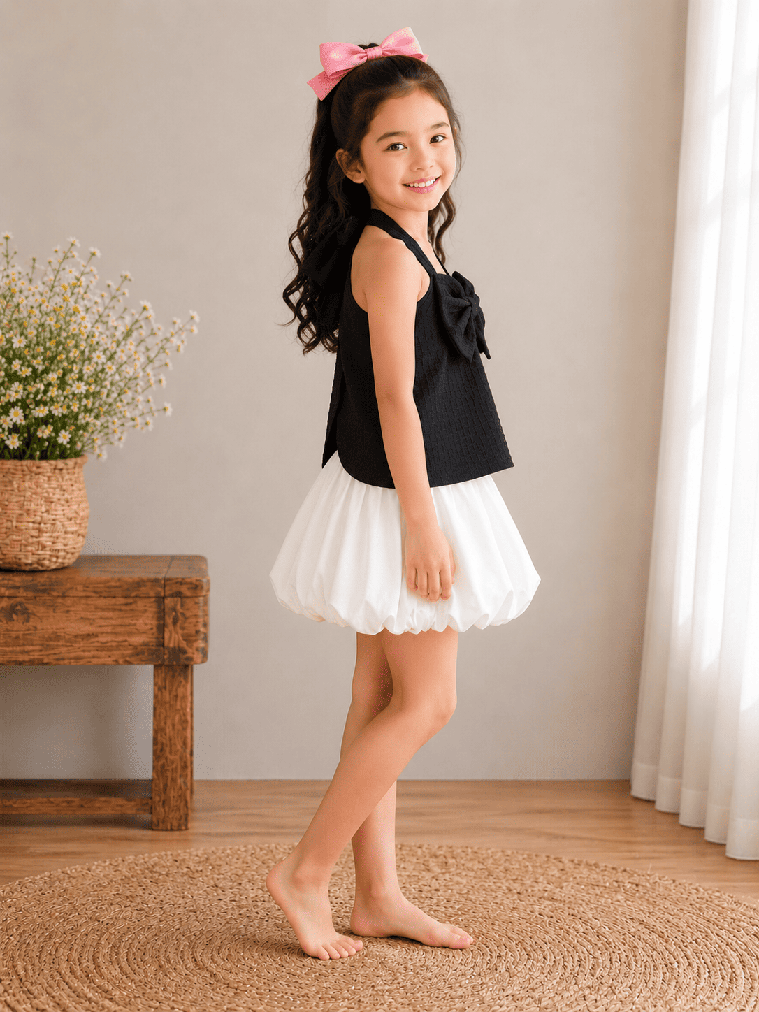 Girls Black & White Bow Bubble Dress | Sleeveless Party Dress