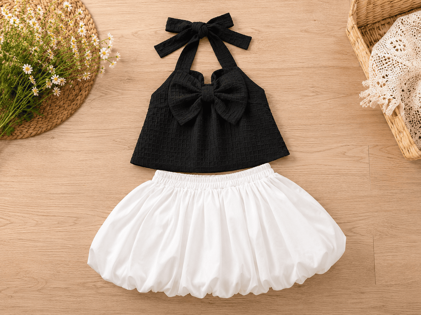 Girls Black & White Bow Bubble Dress | Sleeveless Party Dress