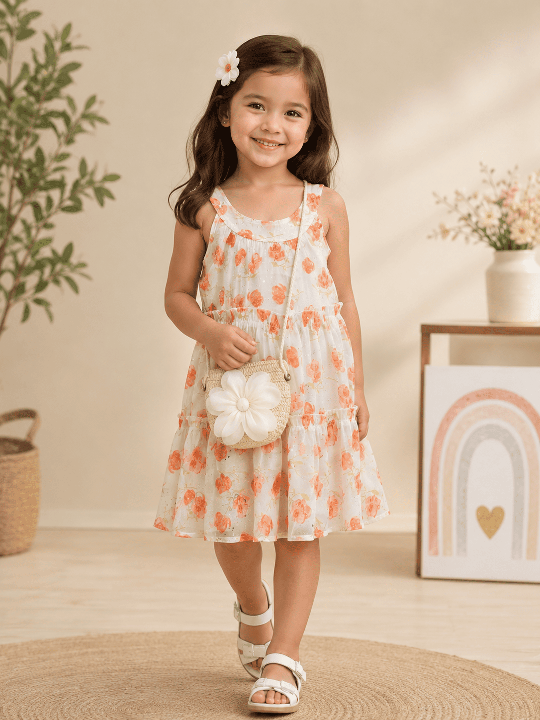 Floral Printed Sleeveless Dress for Girls with Flower Sling Bag | Soft Summer Dress