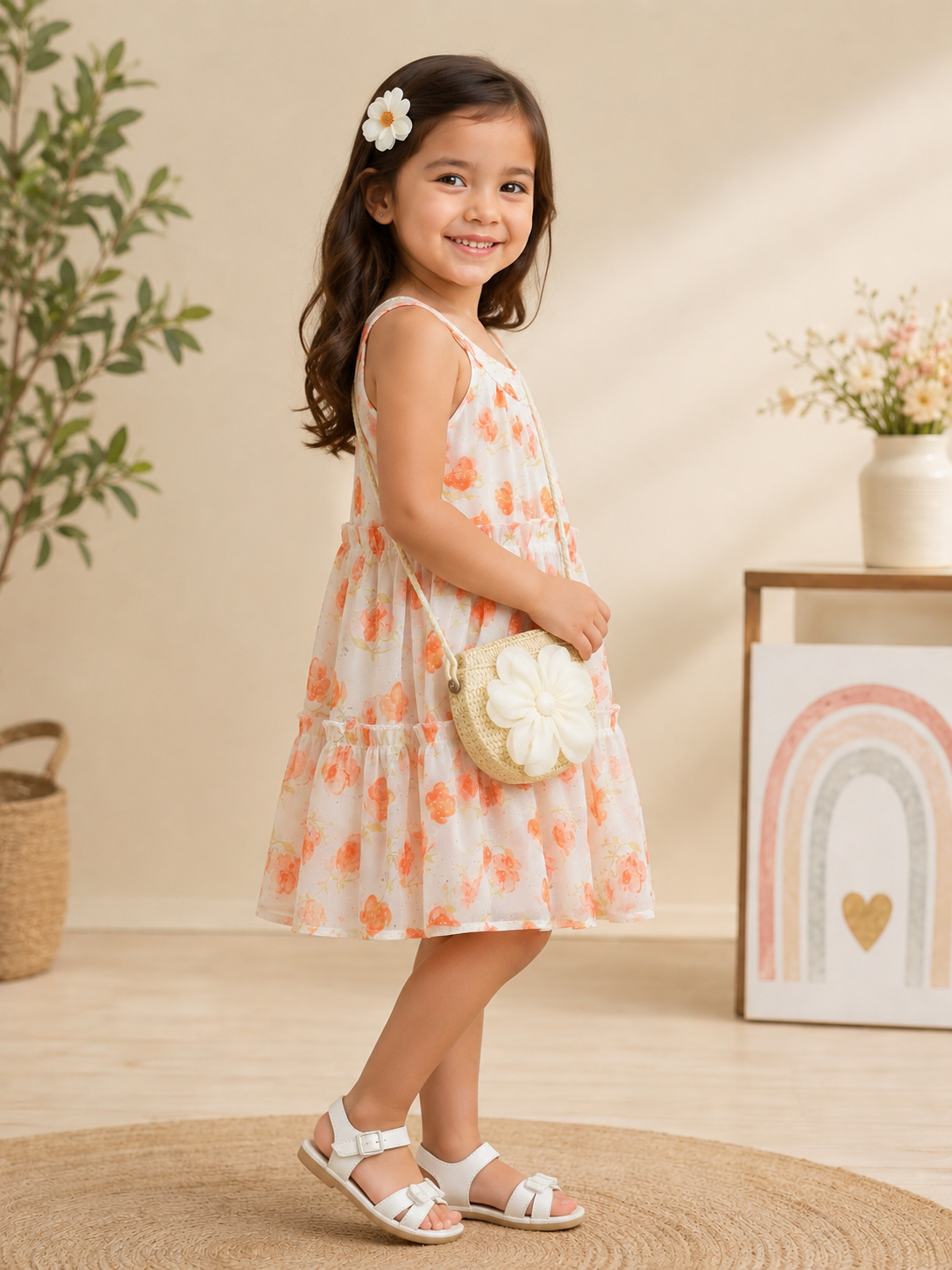 Floral Printed Sleeveless Dress for Girls with Flower Sling Bag | Soft & Lightweight Summer Dress