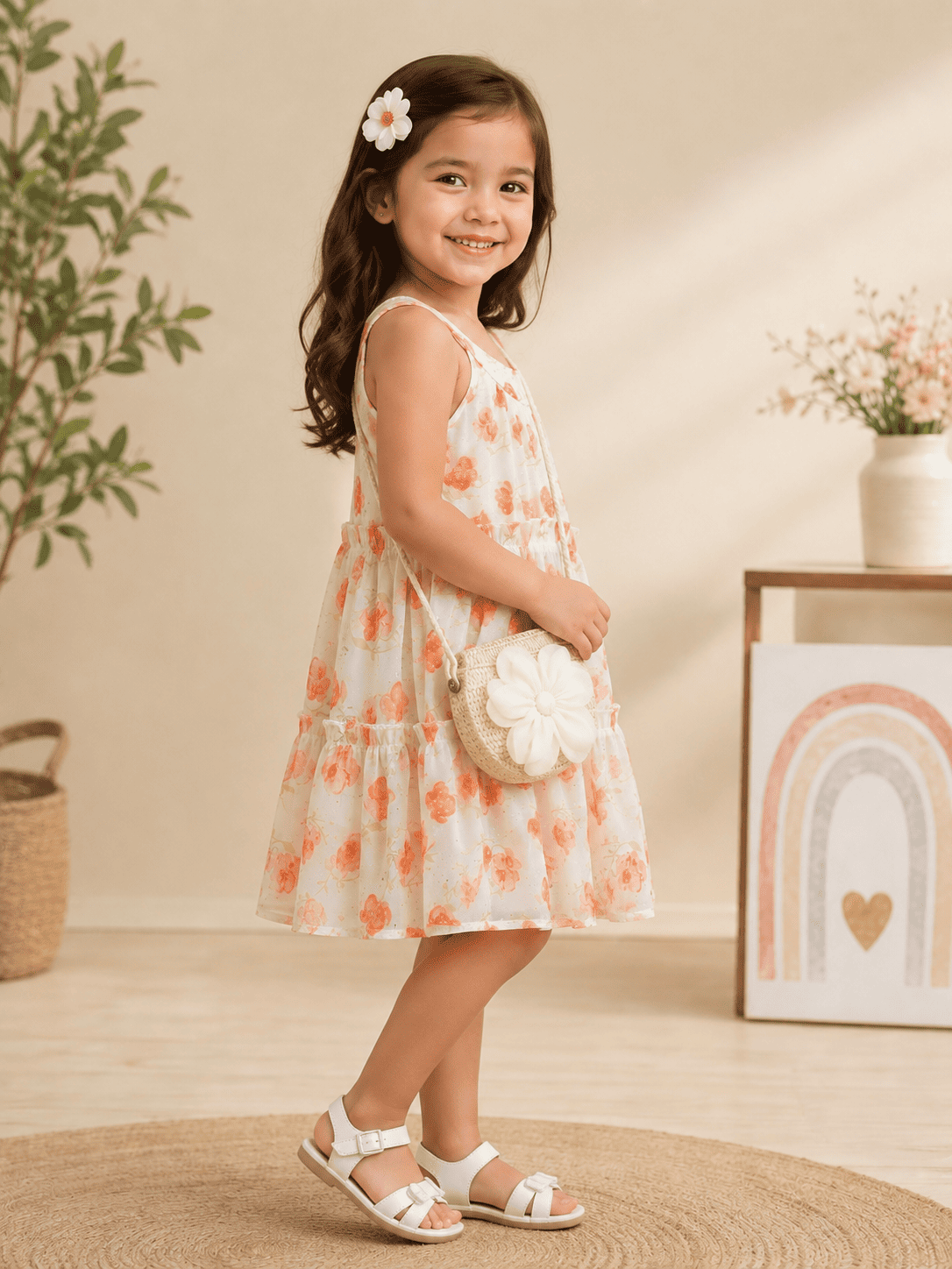 Floral Printed Sleeveless Dress for Girls with Flower Sling Bag | Soft Summer Dress