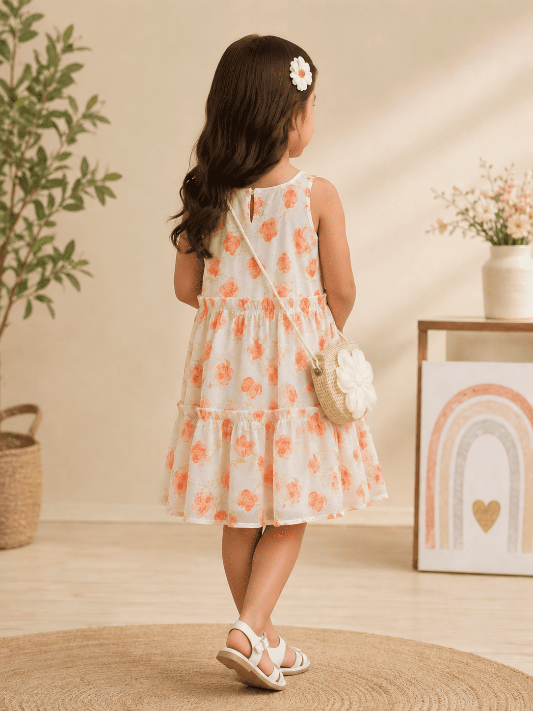 Floral Printed Sleeveless Dress for Girls with Flower Sling Bag | Soft Summer Dress