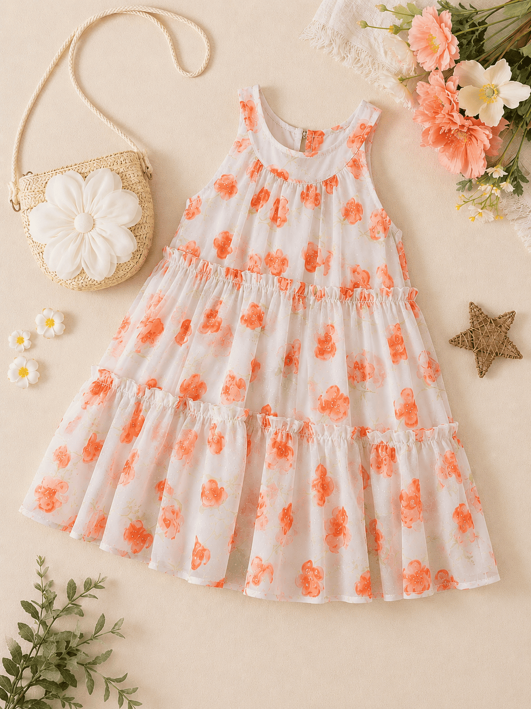 Floral Printed Sleeveless Dress for Girls with Flower Sling Bag | Soft Summer Dress