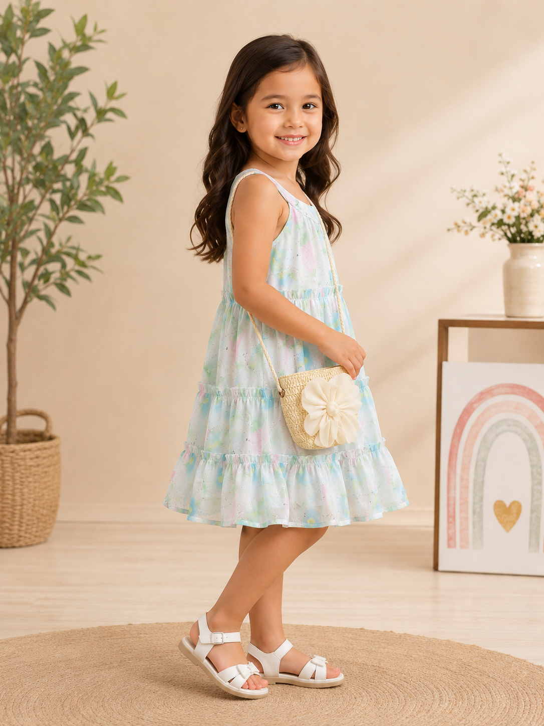 Baby Girl Printed Sleeveless Dress for Girls with Flower Sling Bag | Cute Summer Party Dress