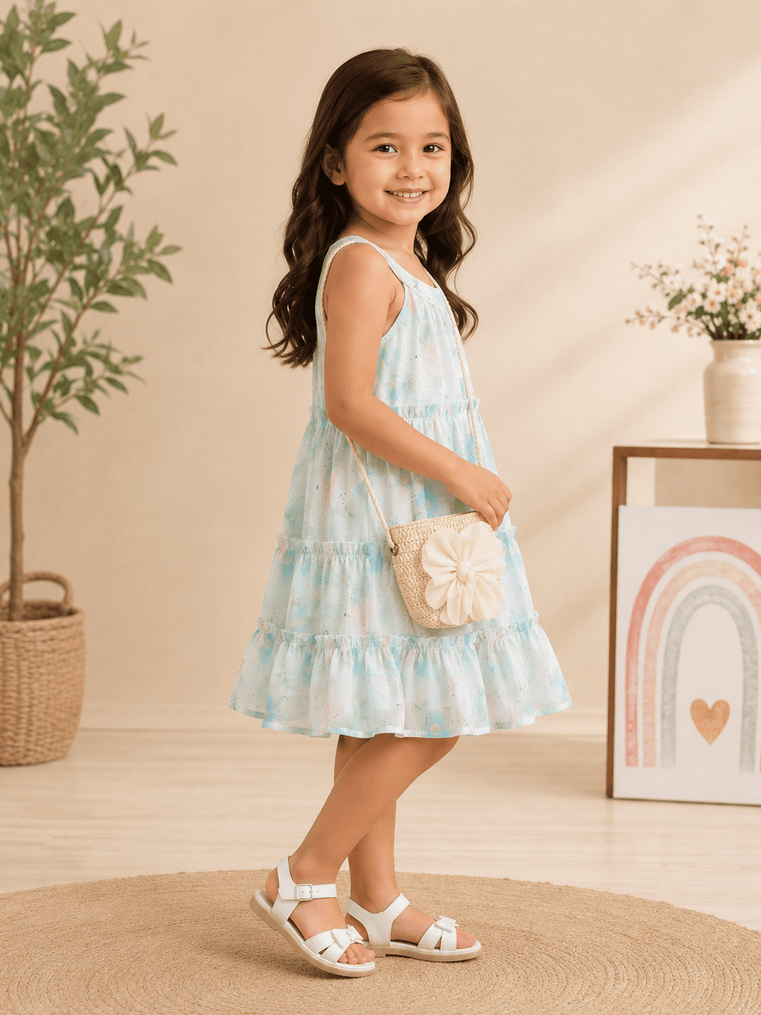 Baby Girl Printed Sleeveless Dress for Girls with Flower Sling Bag | Cute Summer Party Dress