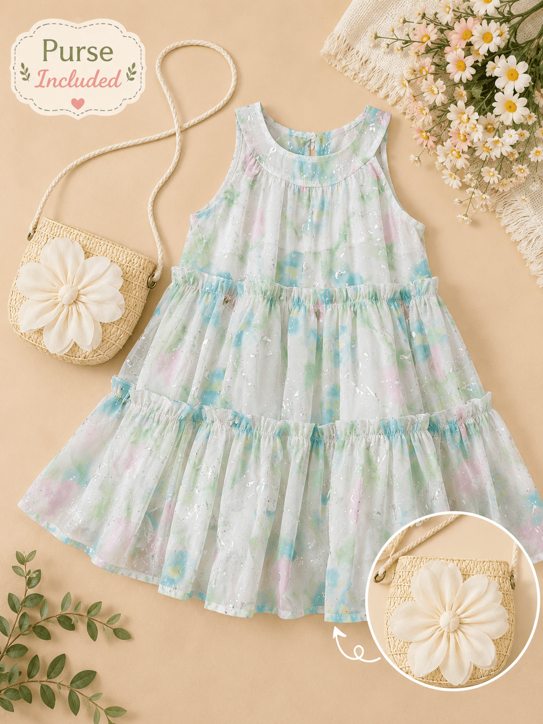 Baby Girl Printed Sleeveless Dress for Girls with Flower Sling Bag | Cute Summer Party Dress