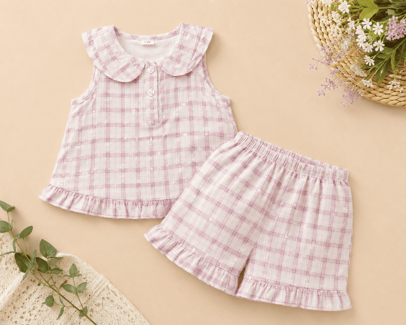 Baby Pink Checked 2 Piece Top & Shorts Set | Sleeveless Cotton Summer Co-ord Set
