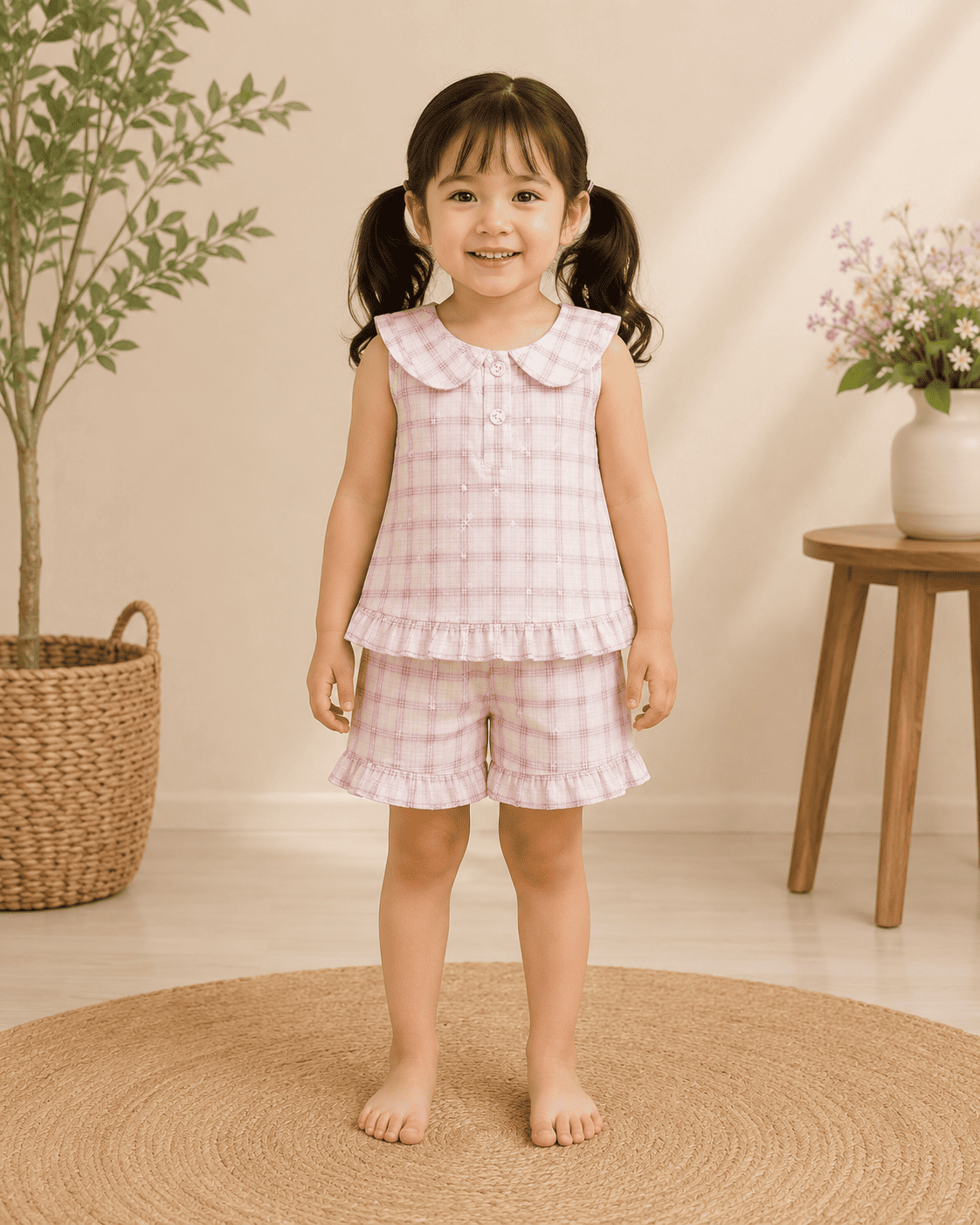 Baby Pink Checked 2 Piece Top & Shorts Set | Sleeveless Cotton Summer Co-ord Set
