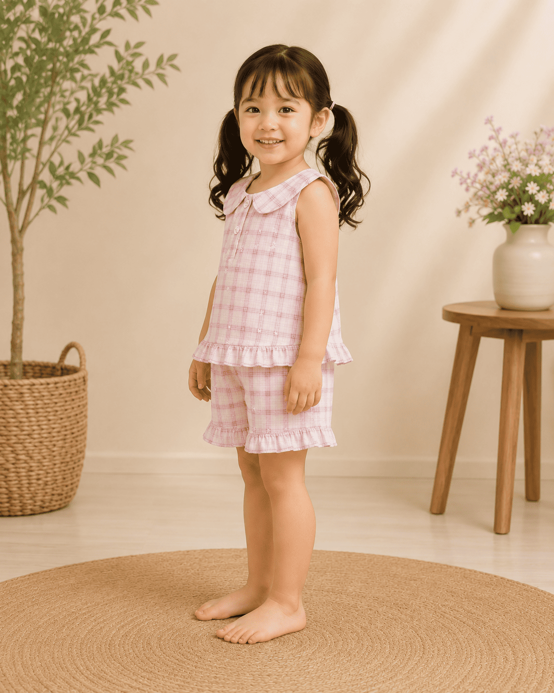 Baby Pink Checked 2 Piece Top & Shorts Set | Sleeveless Cotton Summer Co-ord Set