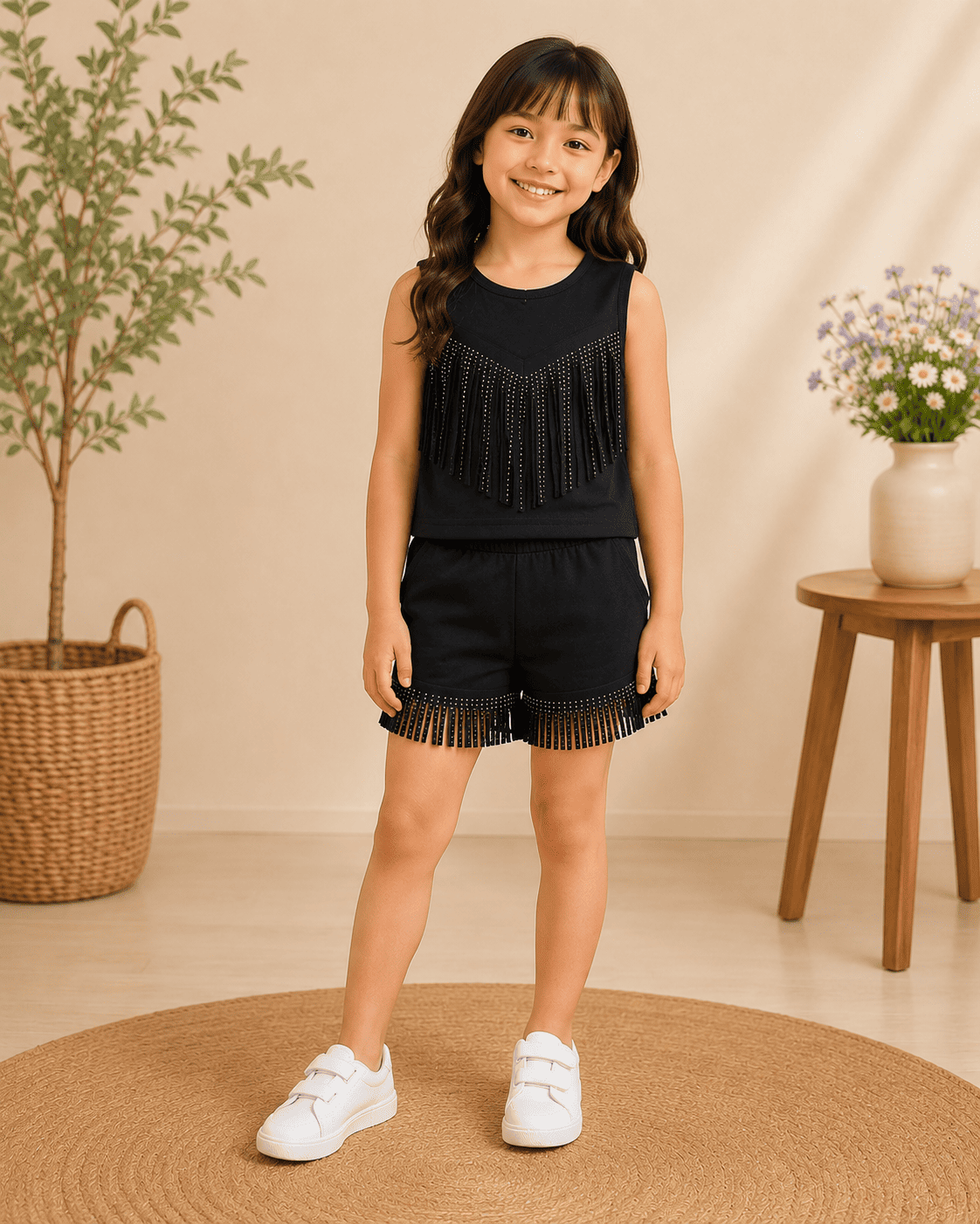 Girls Black Fringe Detail 2 Piece Co-ord Set