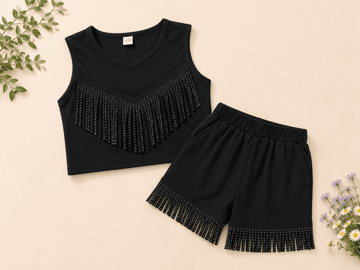 Girls Black Fringe Detail 2 Piece Co-ord Set