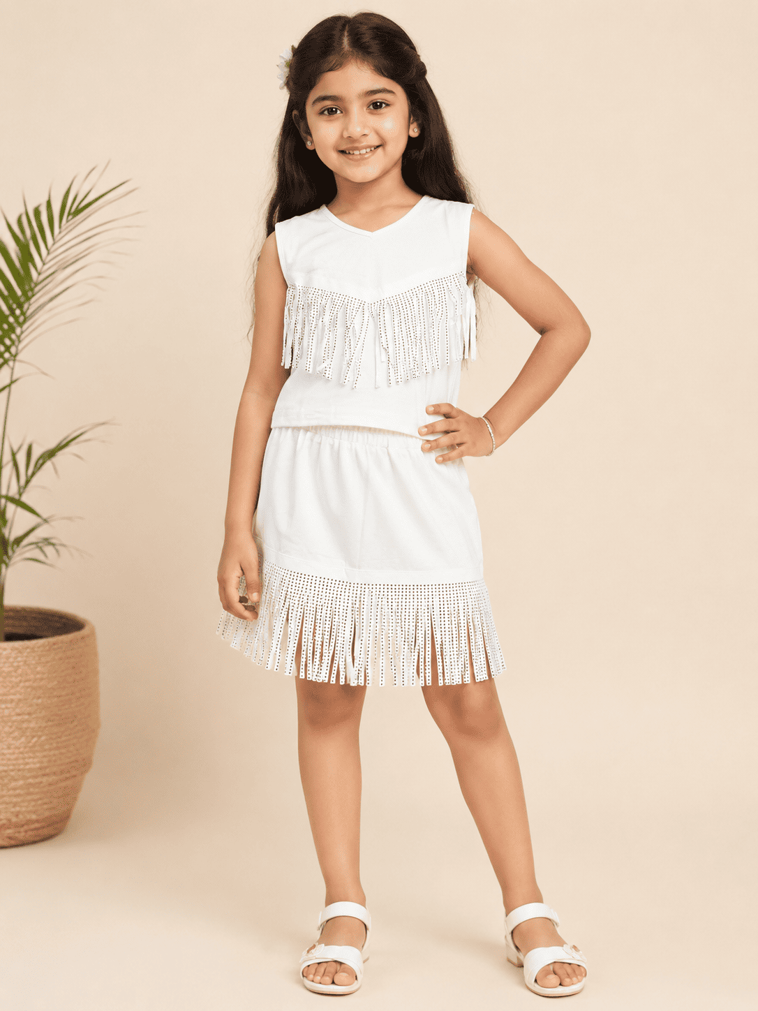 Girls White Fringe Co-Ord Set