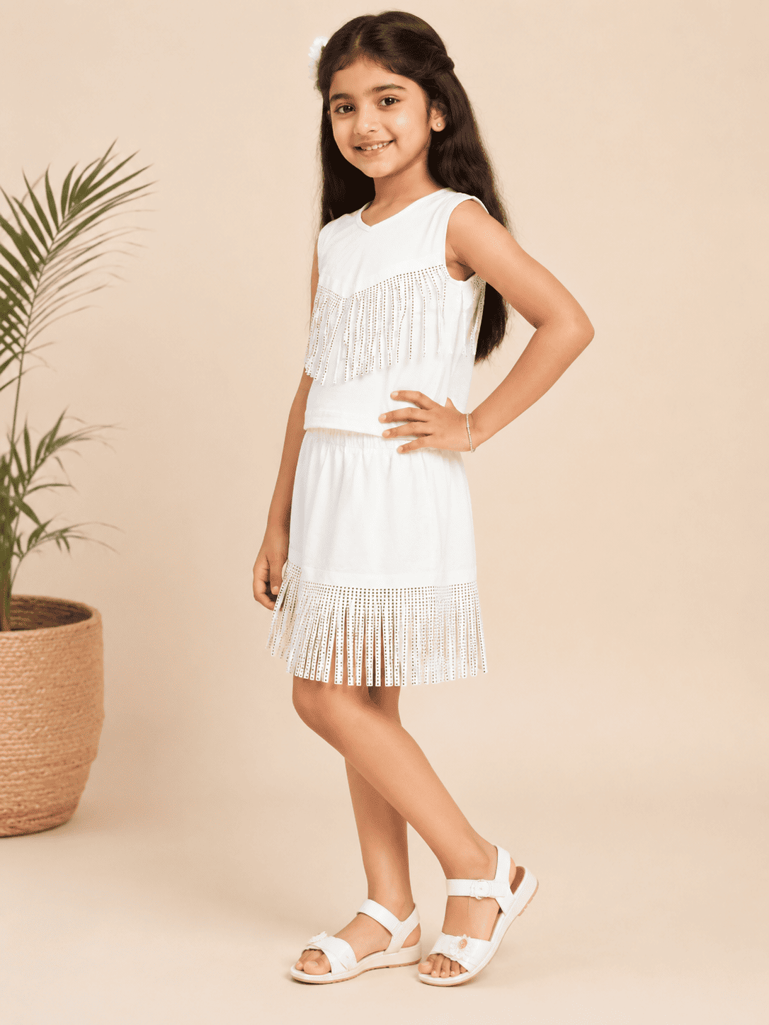 Girls White Fringe Co-Ord Set