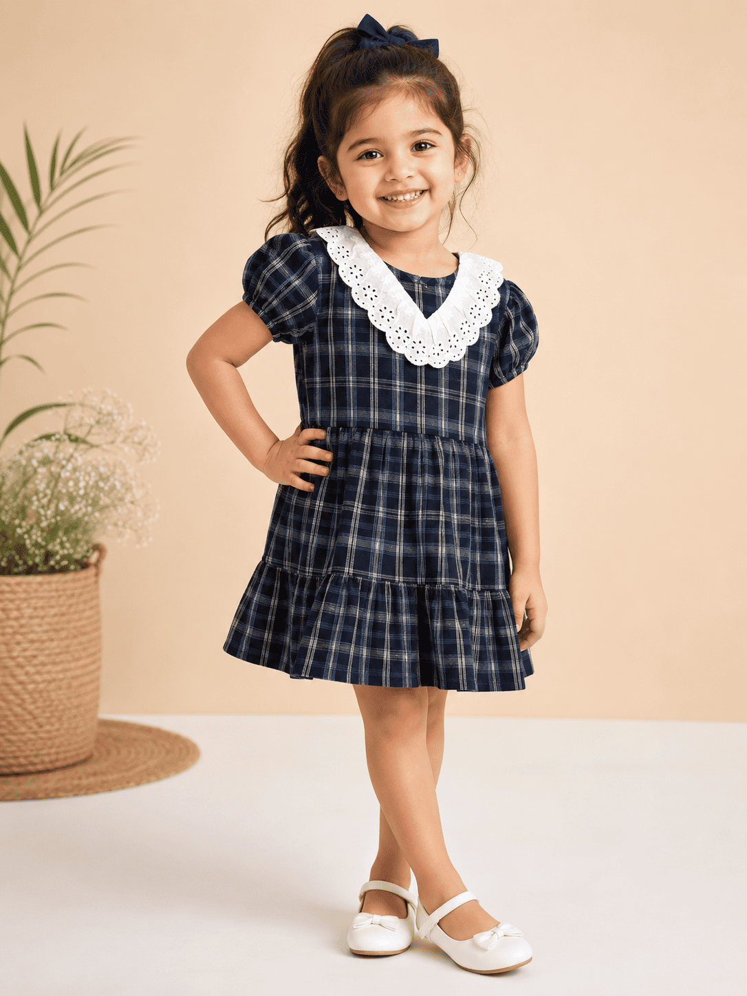 Girls Navy Blue Checked Dress with Lace Collar