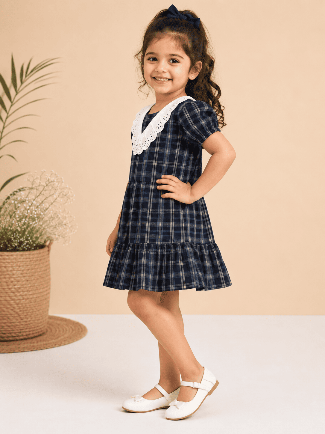Girls Navy Blue Checked Dress with Lace Collar