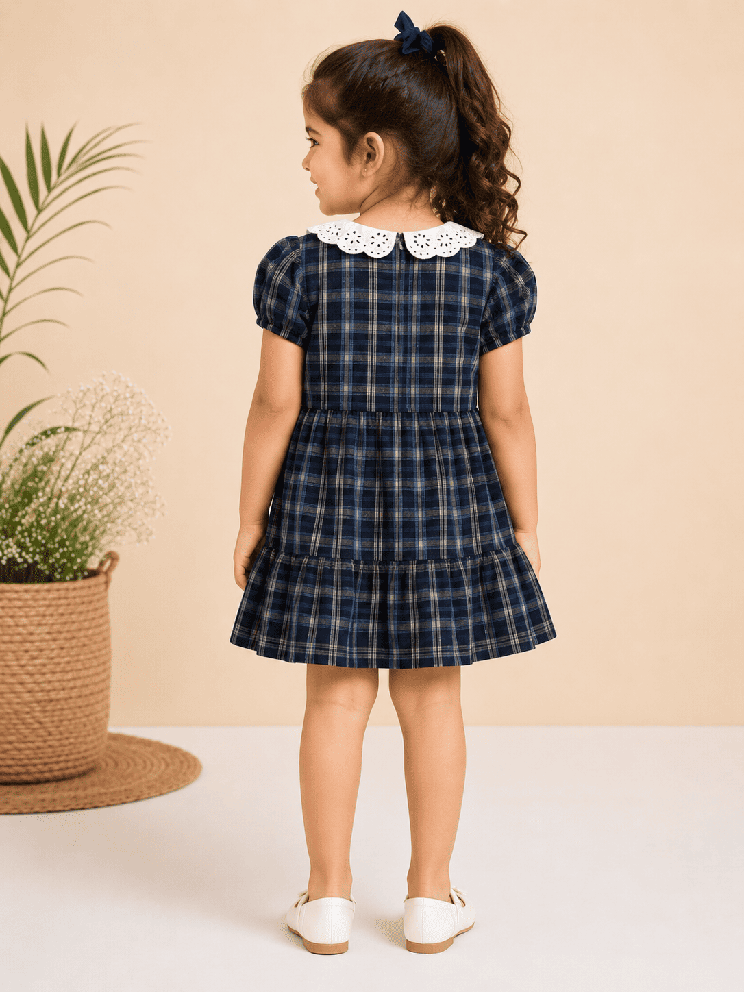 Girls Navy Blue Checked Dress with Lace Collar