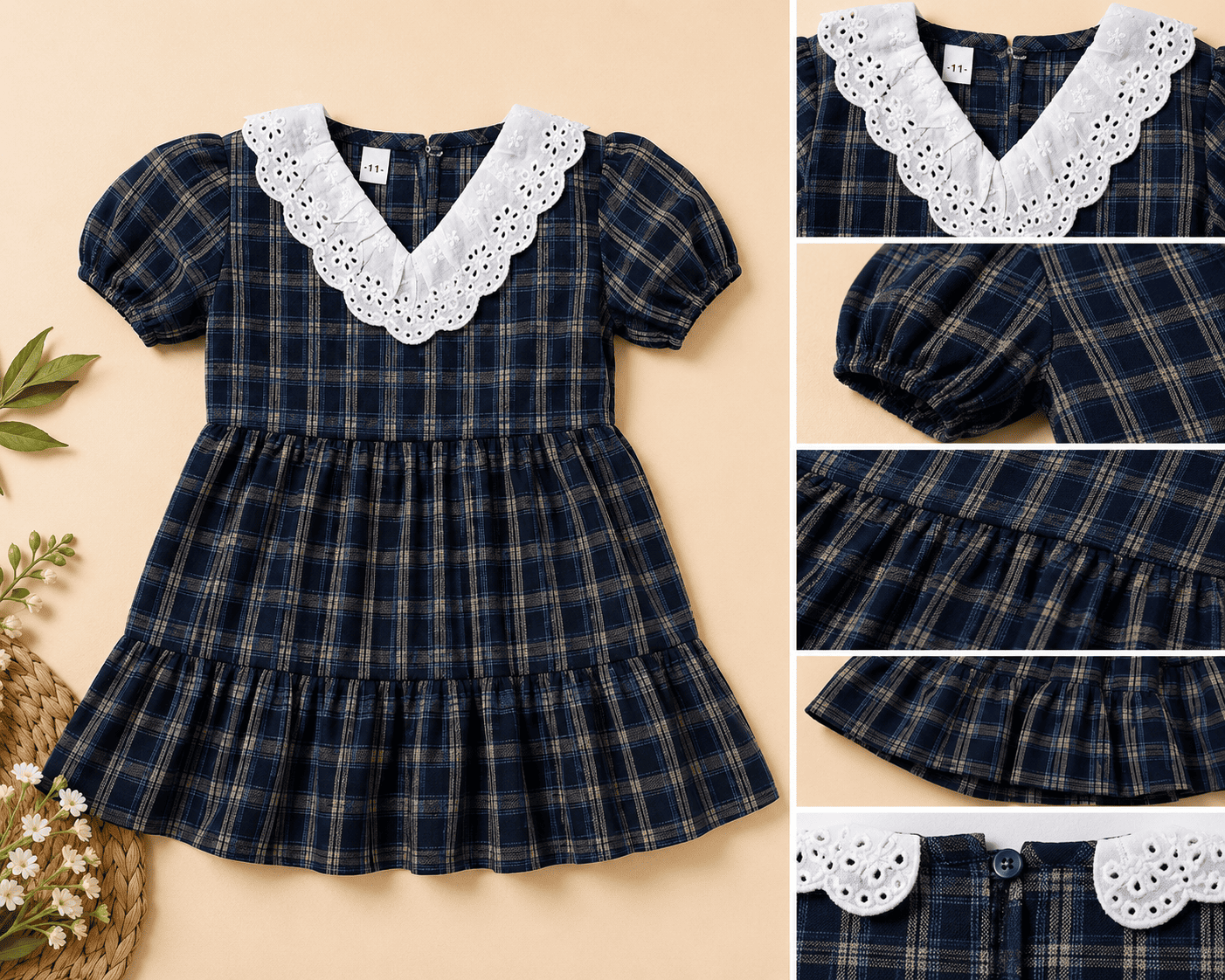 Girls Navy Blue Checked Dress with Lace Collar
