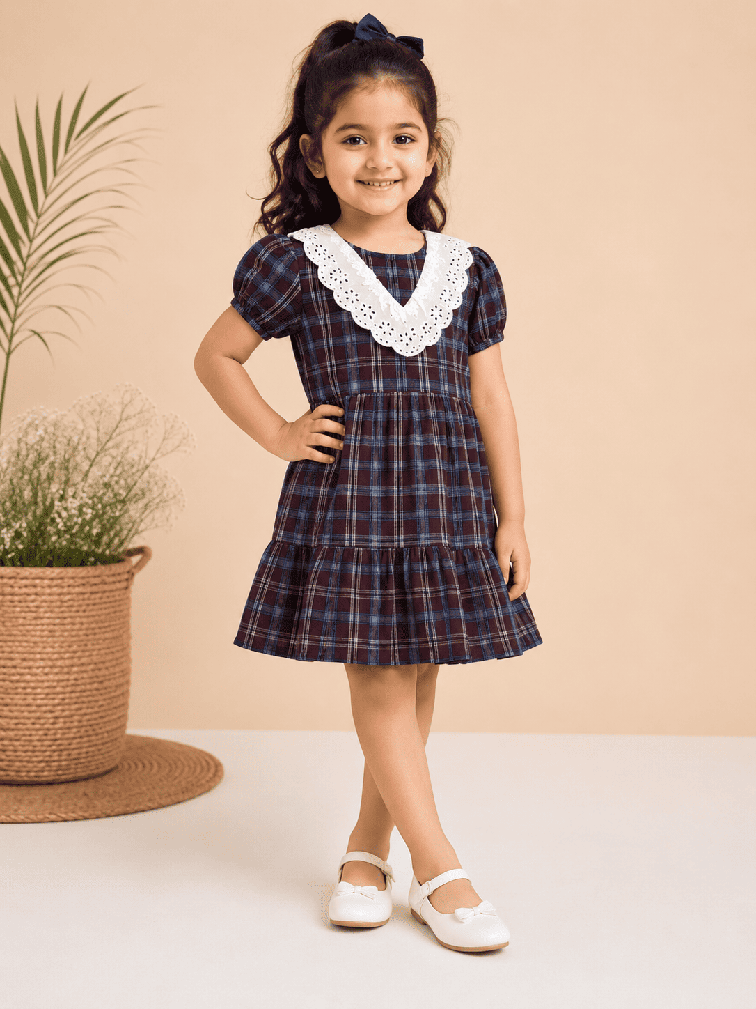 Maroon Checked Dress with Lace Collar
